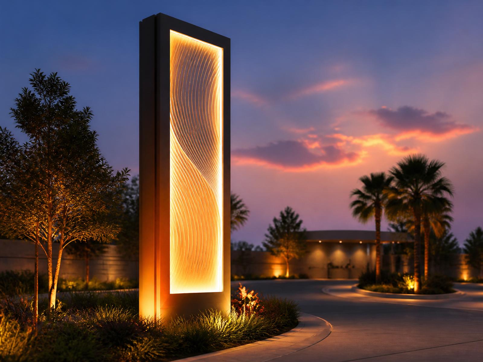 Enseigne totem lumineuse autoportante à l'entrée d'un site au crépuscule