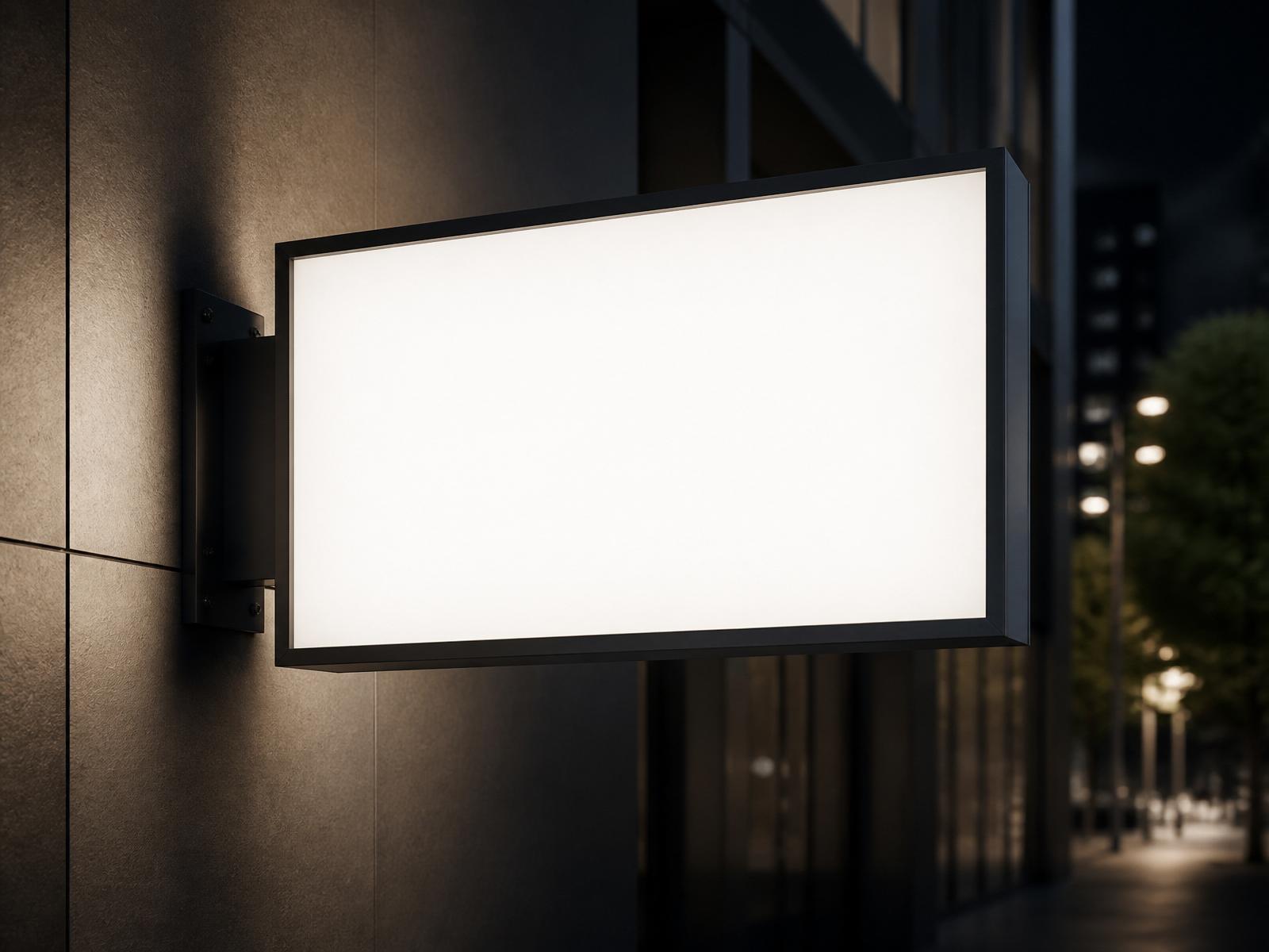 Caisson lumineux rectangulaire éclairé sur une façade moderne la nuit