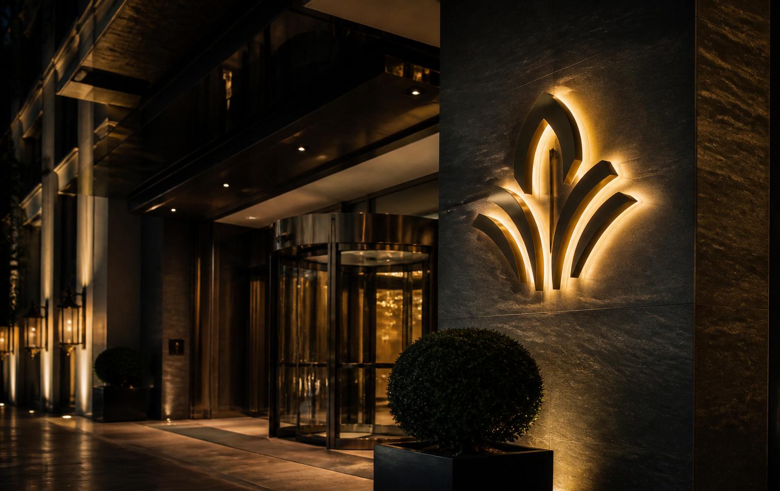 Élégant logo 3D lumineux sur la façade en pierre sombre de l'entrée d'un hôtel